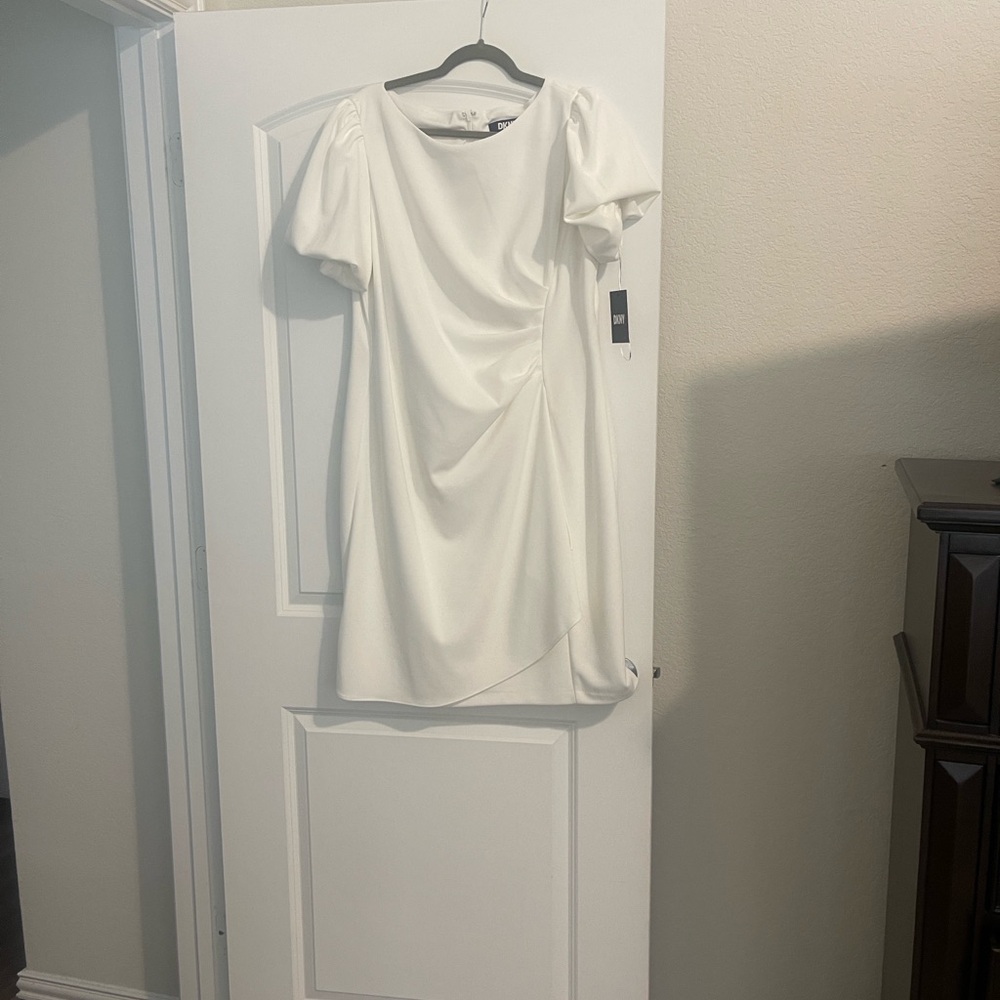 DKNY White Draped Midi Dress